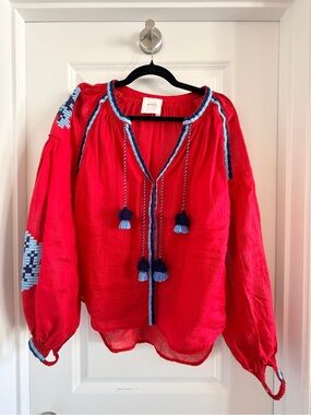 March 11 Red Embroidered Peasant Blouse with Blue Tassels
